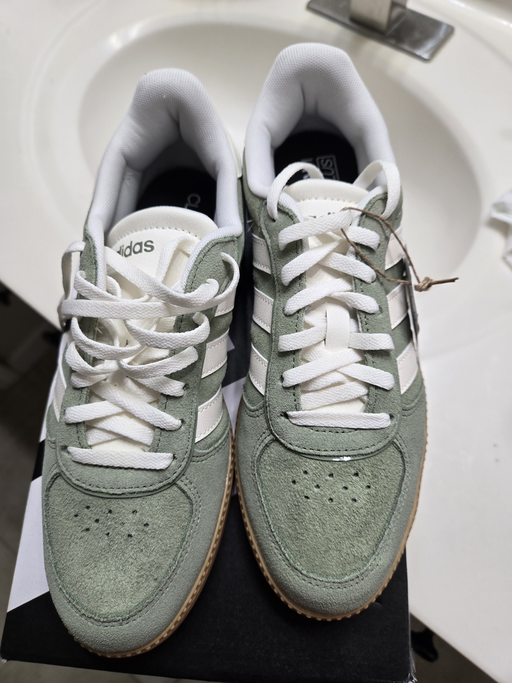 adidas Womens Breaknet Green Suede Sneakers with White Stripes